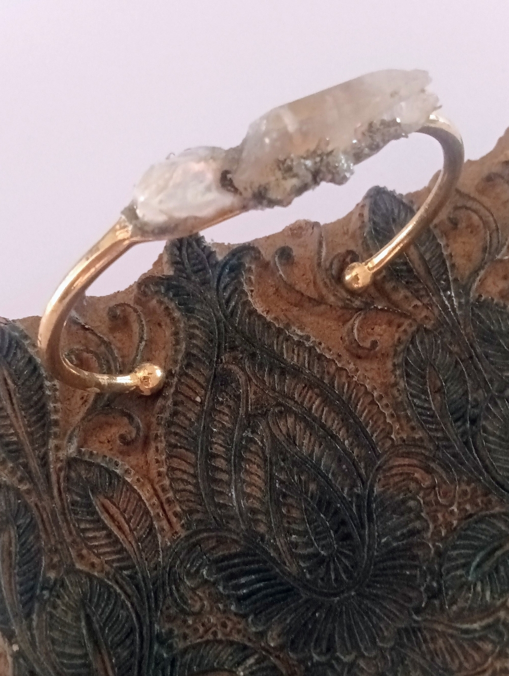 Handcrafted Gold Tone Cuff Bracelet Raw Pyrite Crystals New